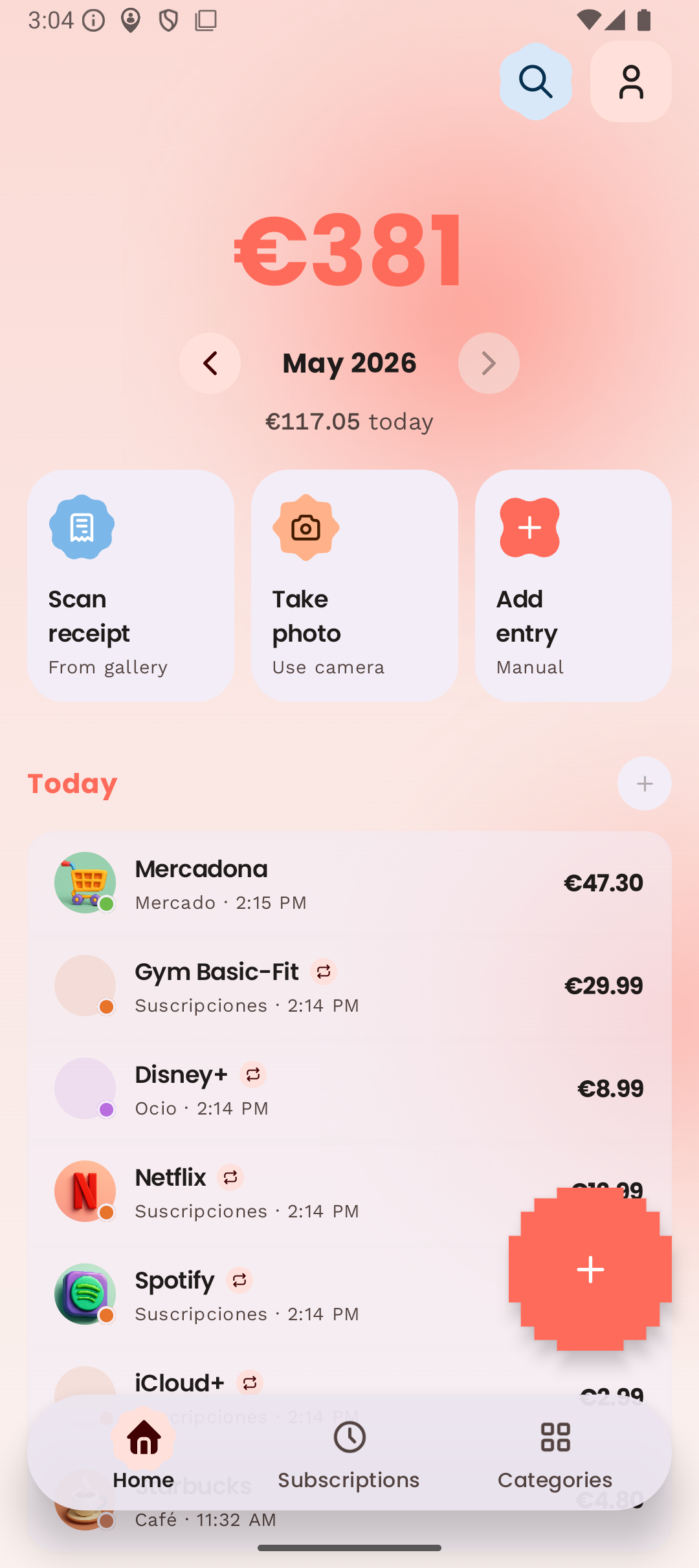 Kibo on Android. Home screen showing 381 euros in May with three quick-action cards and a floating action button to add a transaction.