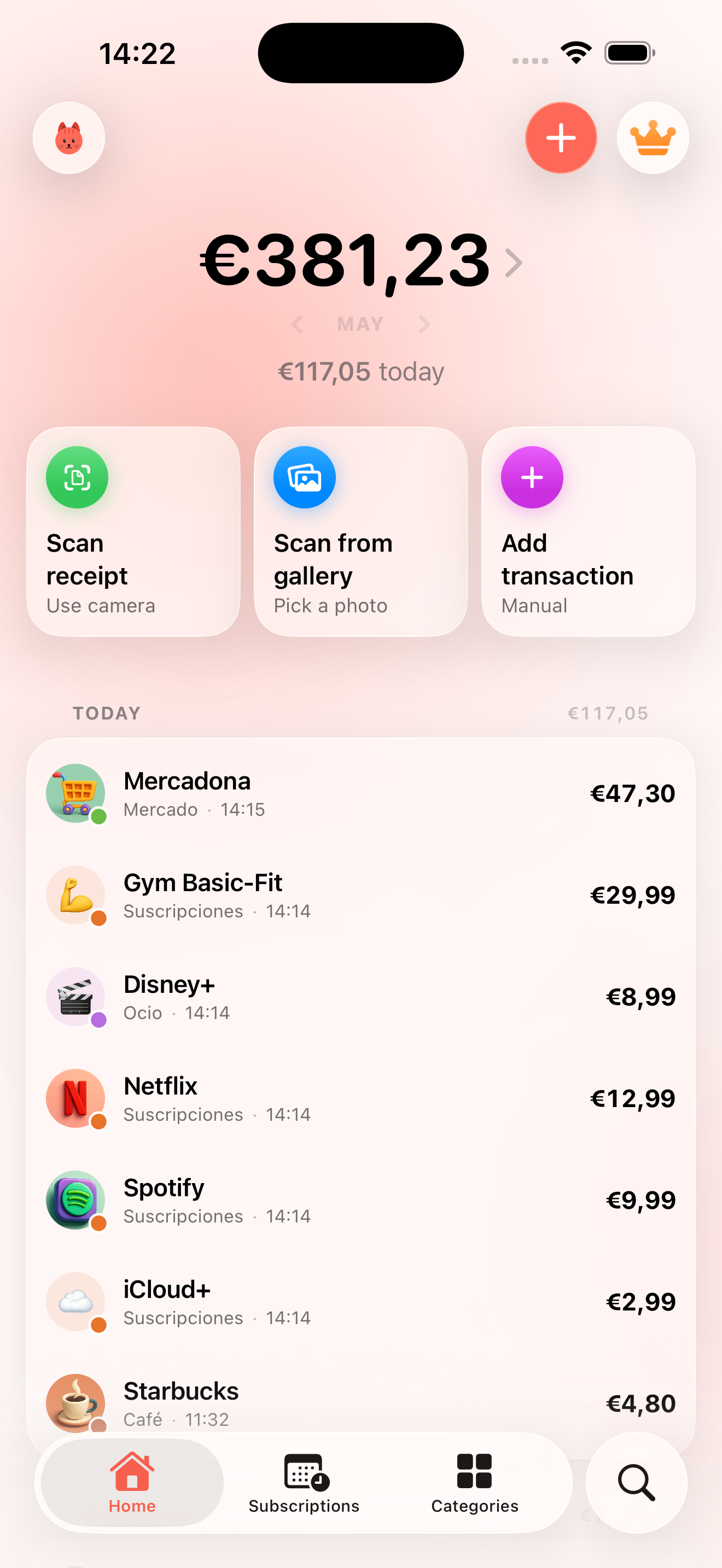 Kibo home screen showing 381 euros spent this month with the total for today and a list of recent transactions grouped by category.