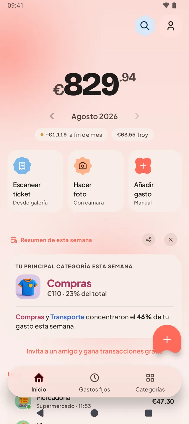 Kibo en Android. Pantalla de inicio con 829,94 euros en agosto, tres tarjetas de acción rápida y el resumen semanal.
