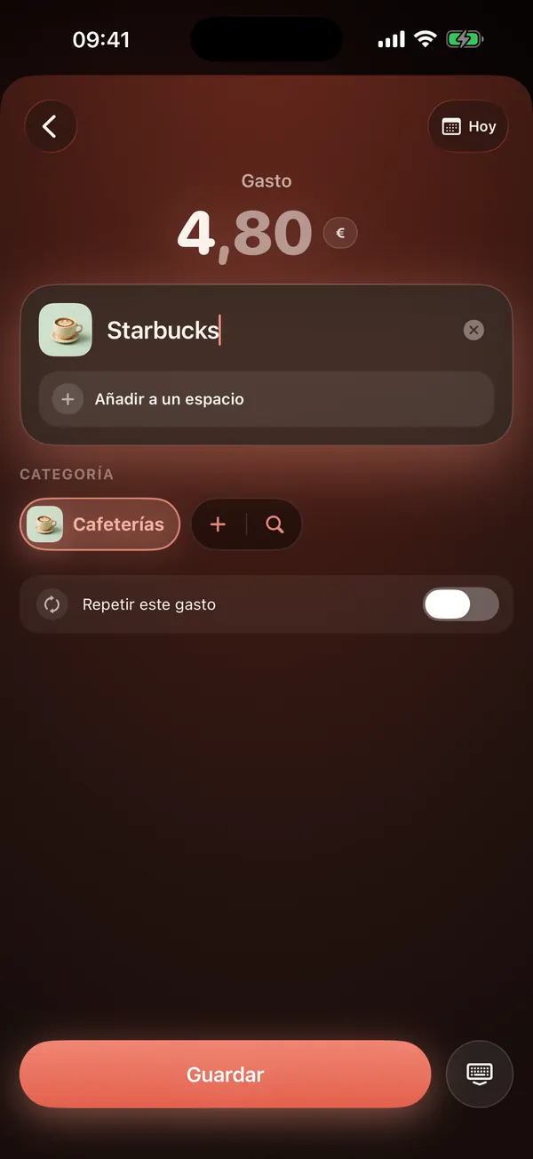 Pantalla para añadir un gasto: 4,80 € en Starbucks con la categoría Cafeterías ya elegida
