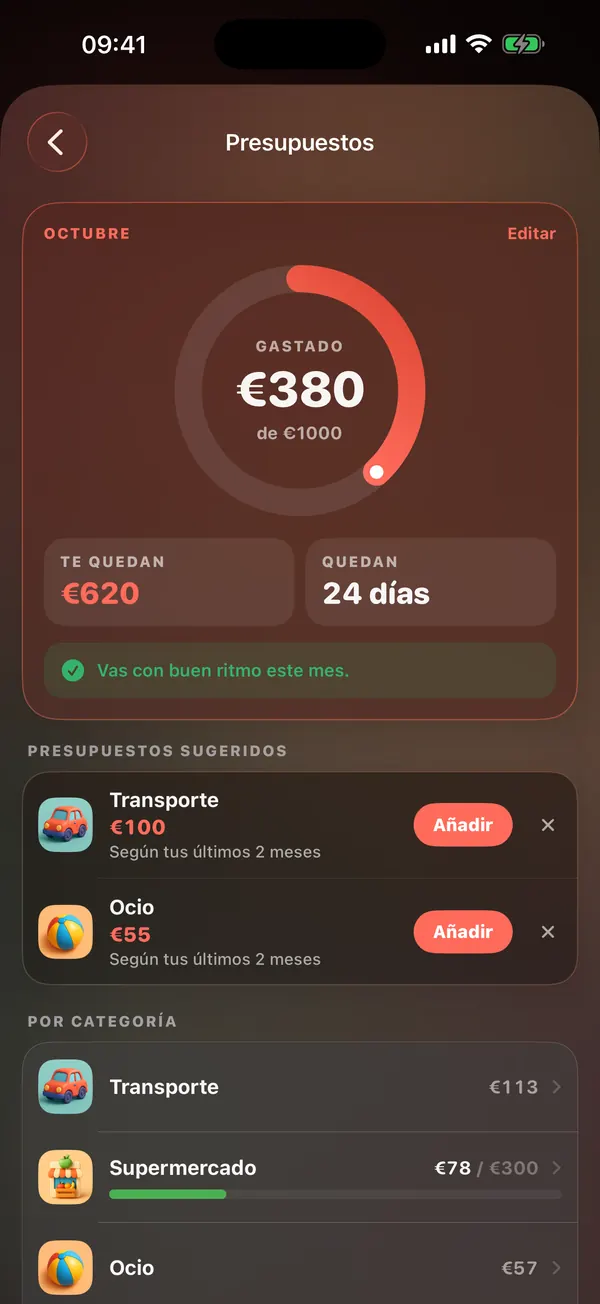 Presupuestos de octubre: 380 € gastados de 1000 €, quedan 24 días, y dos presupuestos sugeridos