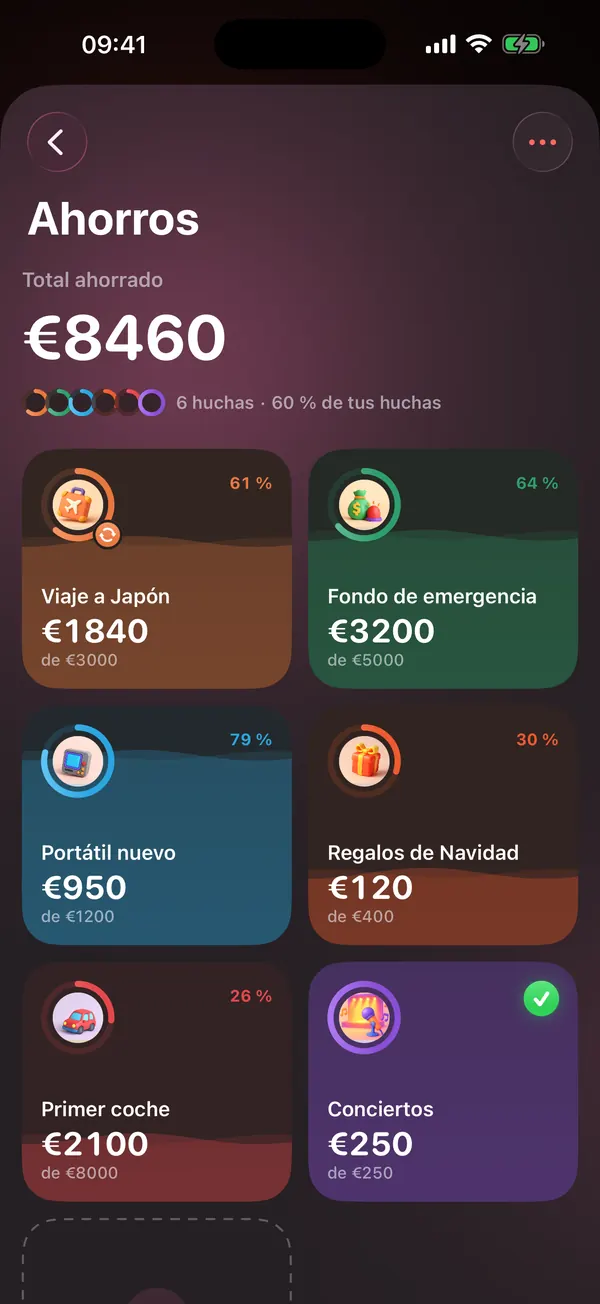 Huchas: Viaje a Japón, Fondo de emergencia, Portátil nuevo, Regalos de Navidad, Primer coche y Conciertos, con lo que llevas en cada una